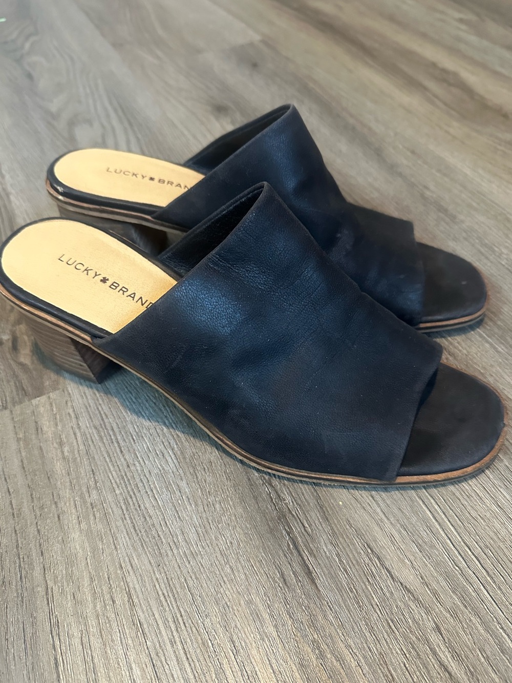 Lucky Brand Lutena black leather block heel mule open toe size 9 women’s